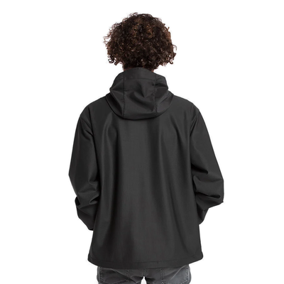 Back of the men's black Fourth Element windbreaker smock with the hood down