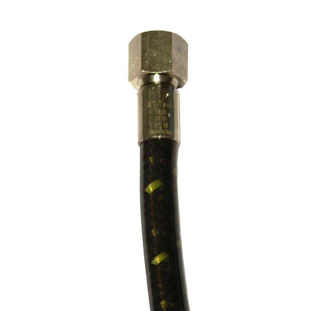 Miflex XT-Tech low pressure regulator hose in black with a gold pattern and nickel-plated fittings