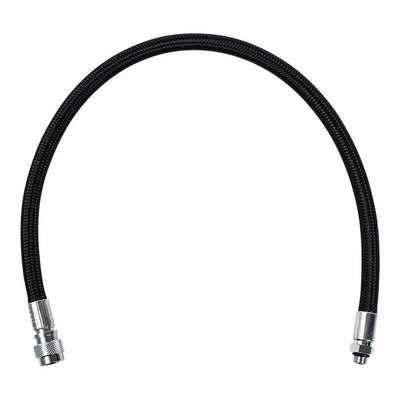 Full length of a black Miflex XTR inflator hose with first stage fitting and quick-disconnect coupling