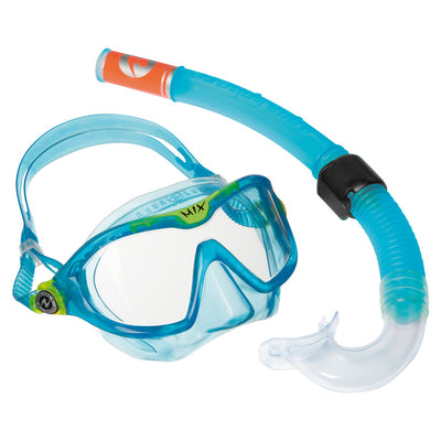 Aqua Lung Mix junior snorkelling combo in light blue and green, mask and snorkel shown together