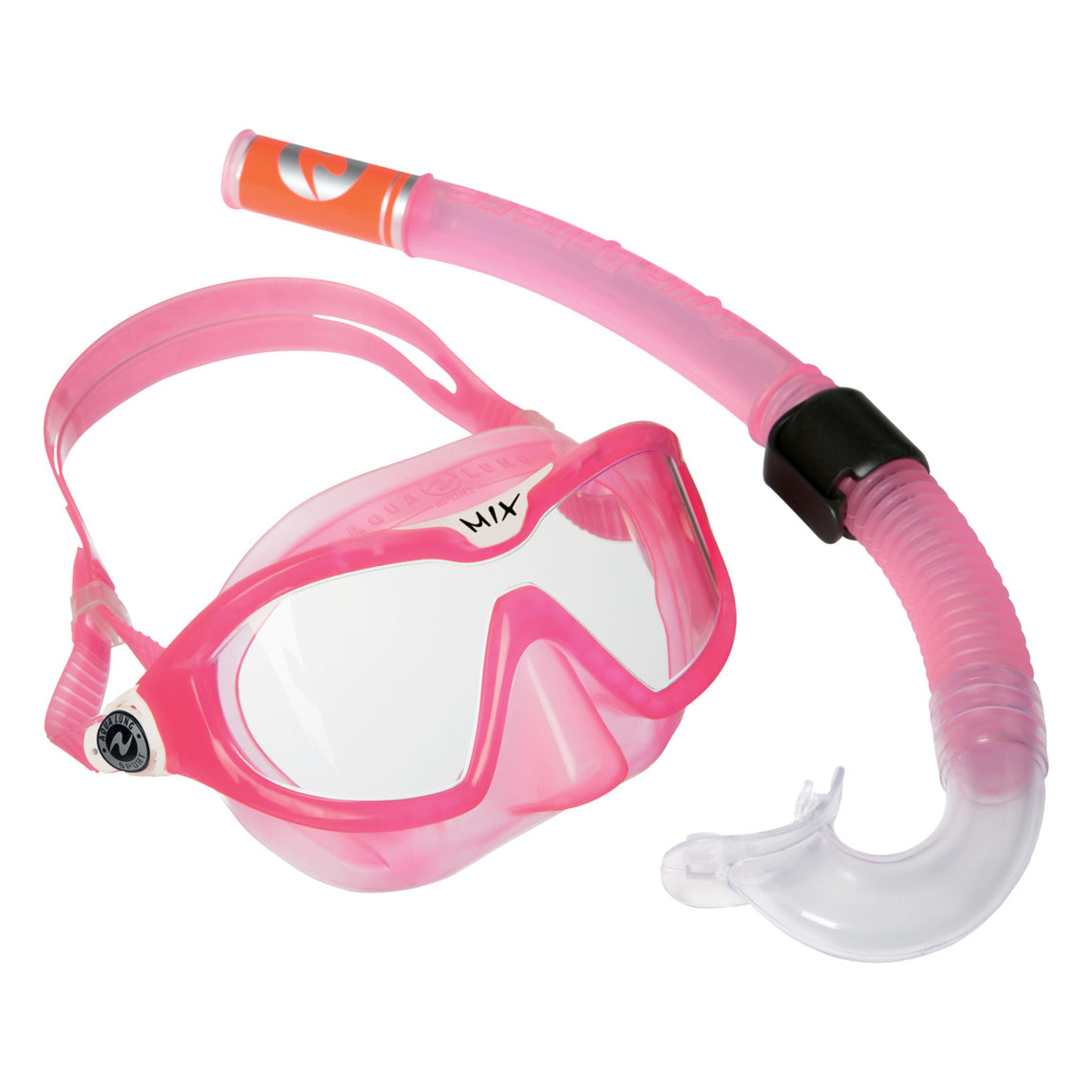 Aqua Lung Mix junior snorkelling combo in pink, mask and snorkel shown together