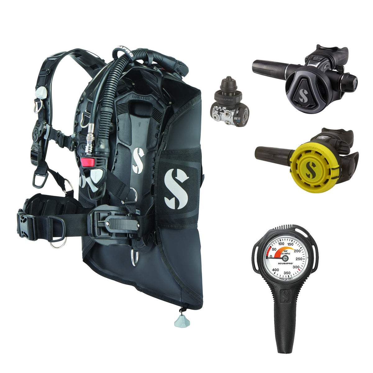 SCUBAPRO MK11 EVO / C370 Colour Graphite regulator set with R105 octopus and Hydros Pro 2 BCD, with Compact SPG