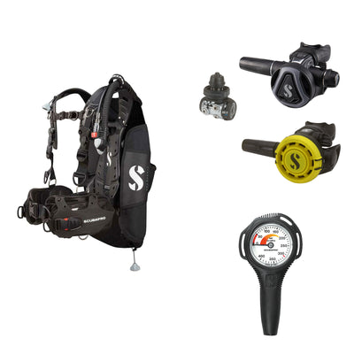 SCUBAPRO MK11 EVO / C370 Colour Graphite regulator set with R105 octopus and Hydros Pro Ladies BCD in black, with Compact SPG