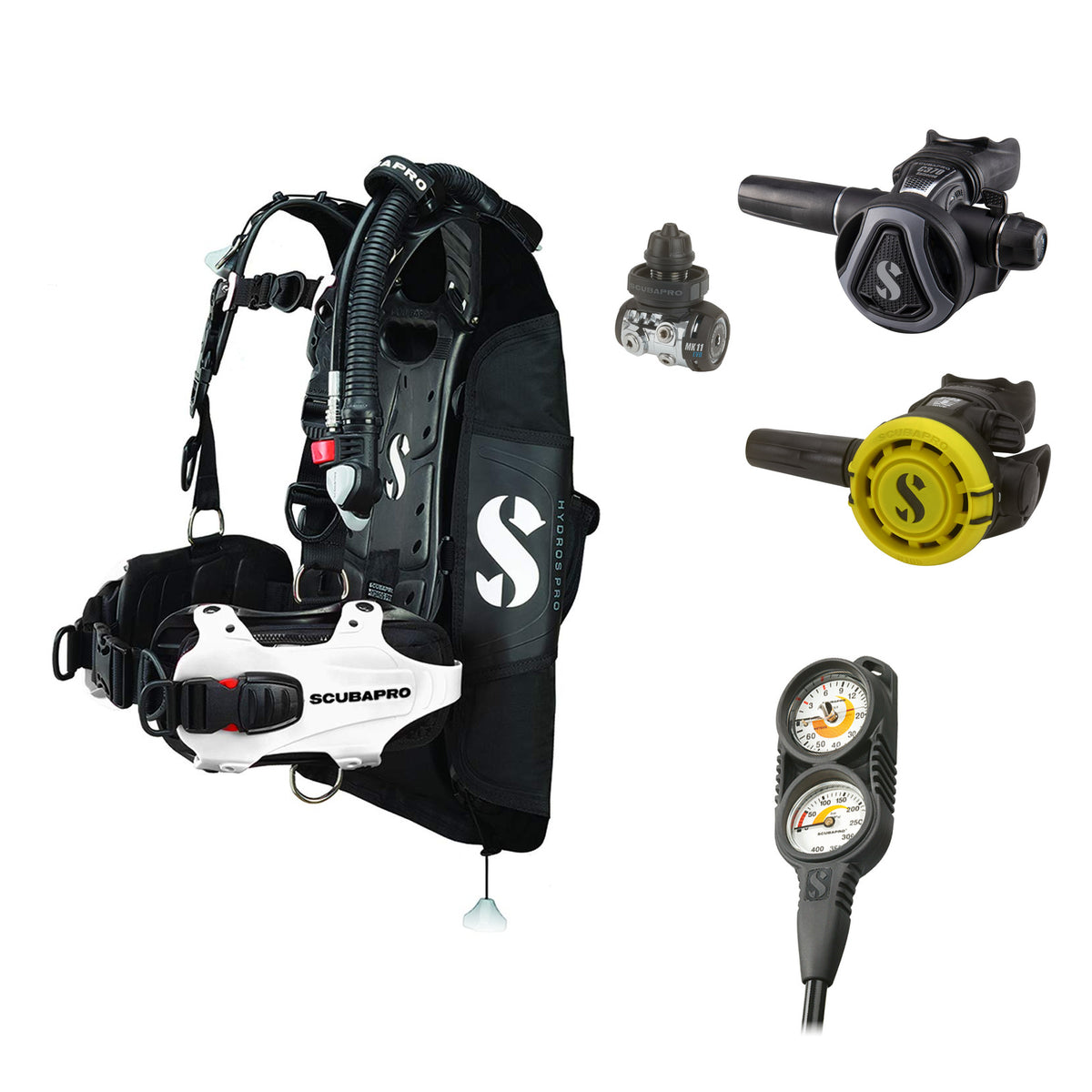 SCUBAPRO MK11 EVO / C370 Colour Graphite regulator set with R105 octopus and Hydros Pro Ladies BCD in white, with Compact Combo 2
