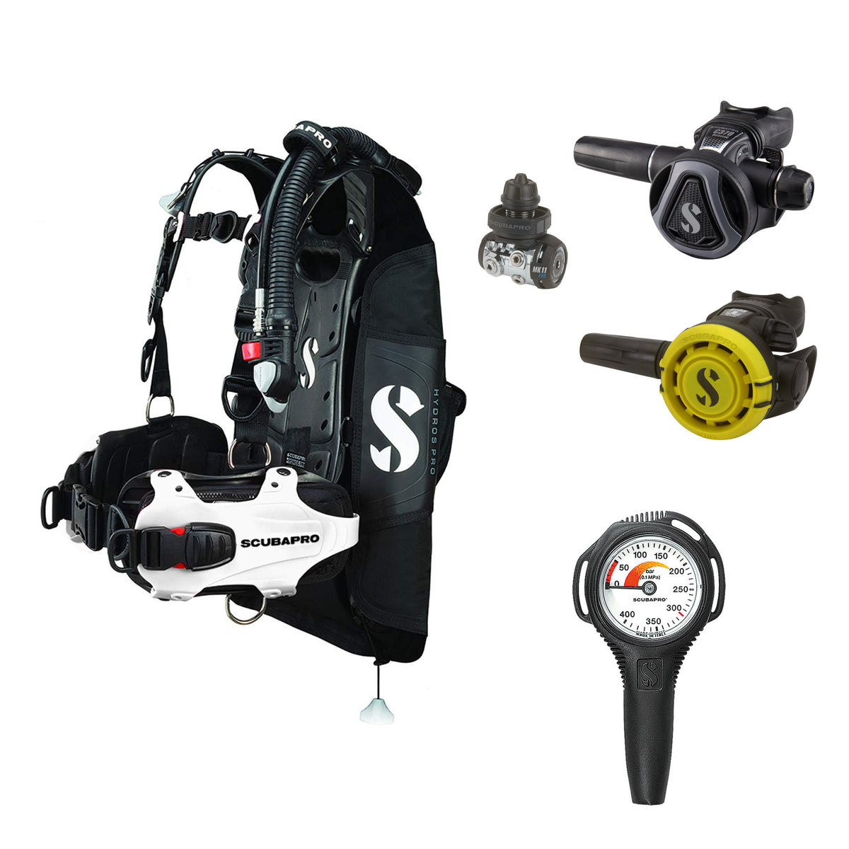SCUBAPRO MK11 EVO / C370 Colour Graphite regulator set with R105 octopus and Hydros Pro Ladies BCD in white, with Compact SPG