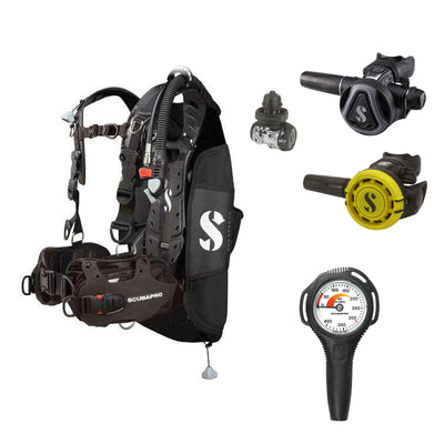 SCUBAPRO MK11 EVO / C370 Colour Graphite regulator set with R105 octopus and Hydros Pro Mens BCD in all black, with Compact SPG