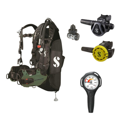 SCUBAPRO MK11 EVO / C370 Colour Graphite regulator set with R105 octopus and Hydros Pro Mens BCD in army green, with Compact SPG