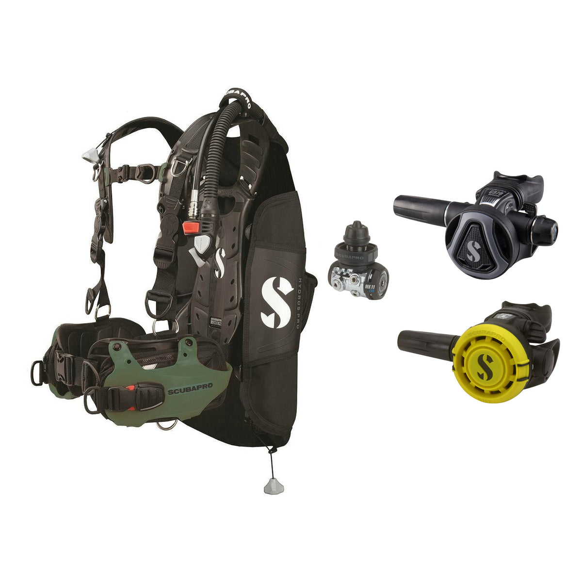 SCUBAPRO MK11 EVO / C370 Colour Graphite regulator set with R105 octopus and Hydros Pro Mens BCD in army green