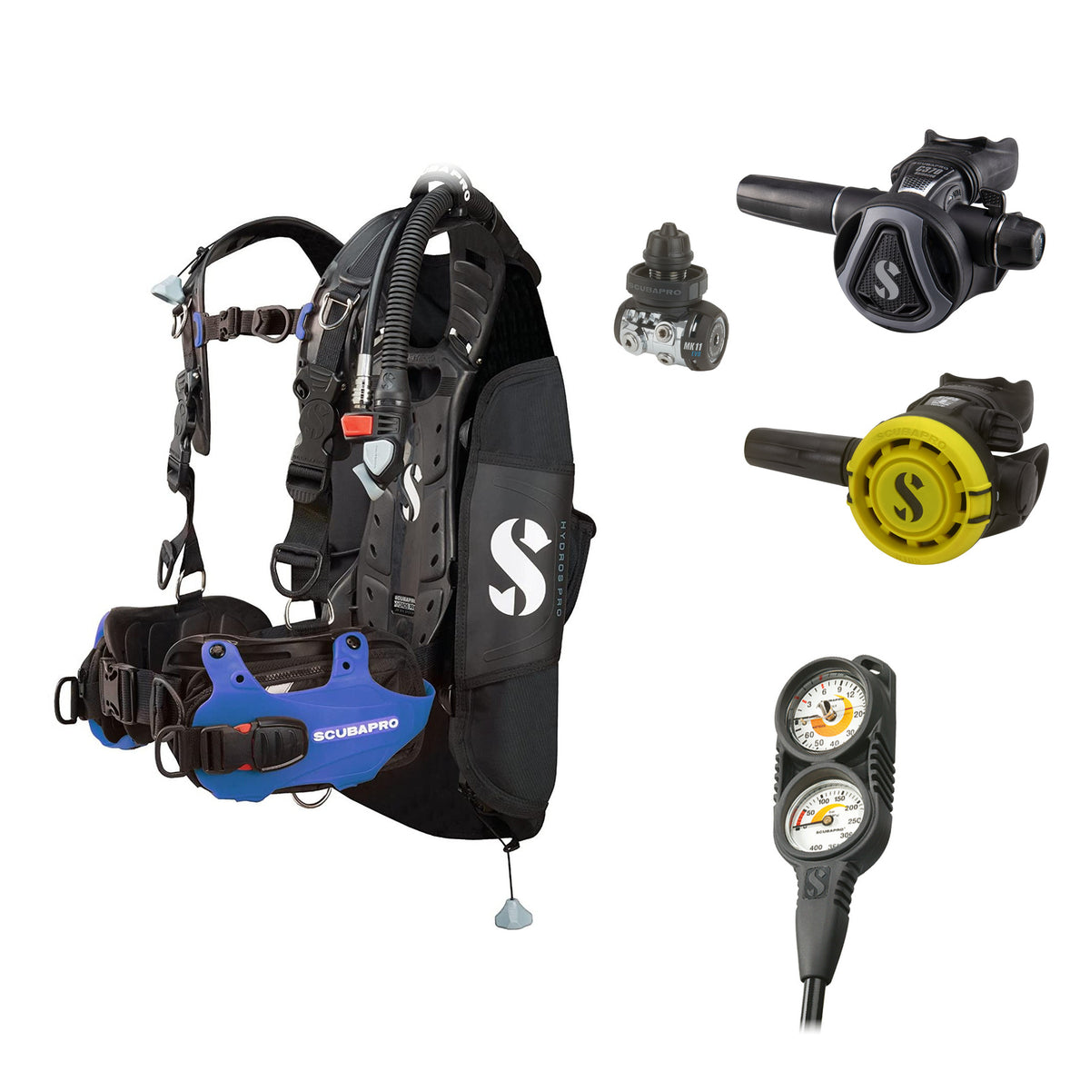 SCUBAPRO MK11 EVO / C370 Colour Graphite regulator set with R105 octopus and Hydros Pro Mens BCD in blue, with Compact Combo 2