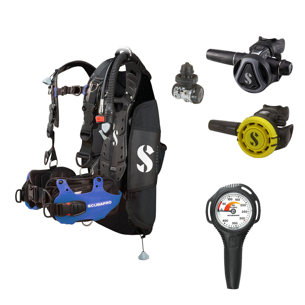 SCUBAPRO MK11 EVO / C370 Colour Graphite regulator set with R105 octopus and Hydros Pro Mens BCD in blue, with Compact SPG
