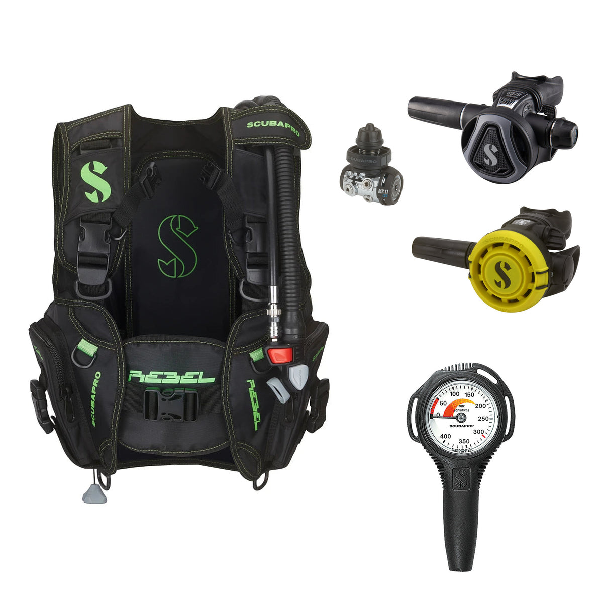 SCUBAPRO MK11 EVO / C370 Colour Graphite regulator set with R105 octopus and Rebel V2 BCD
