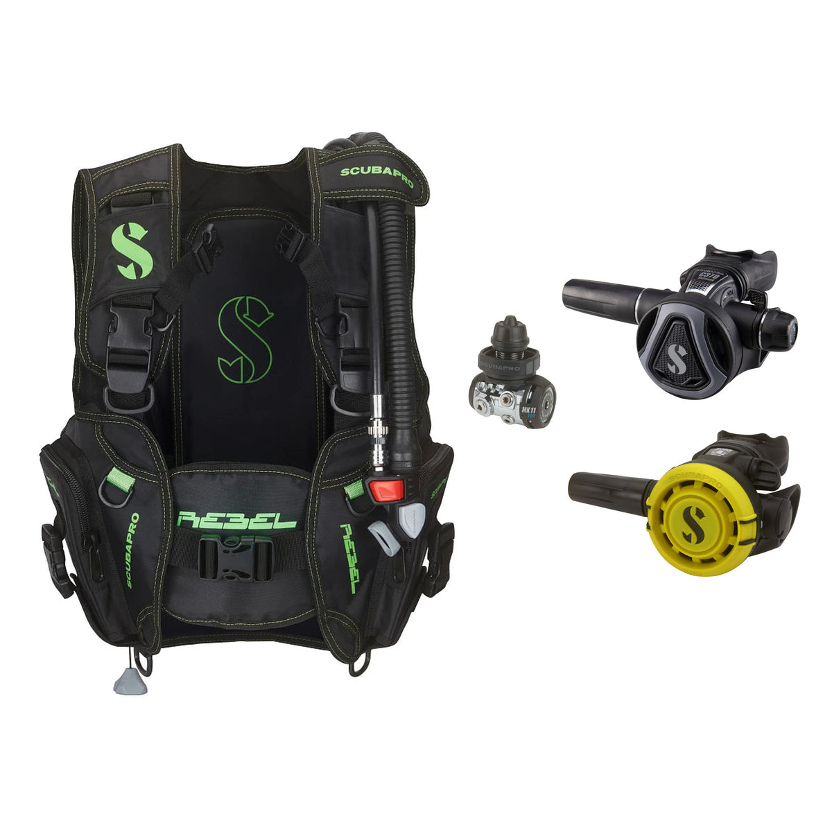 SCUBAPRO MK11 EVO / C370 Colour Graphite regulator set with R105 octopus and Rebel V2 BCD
