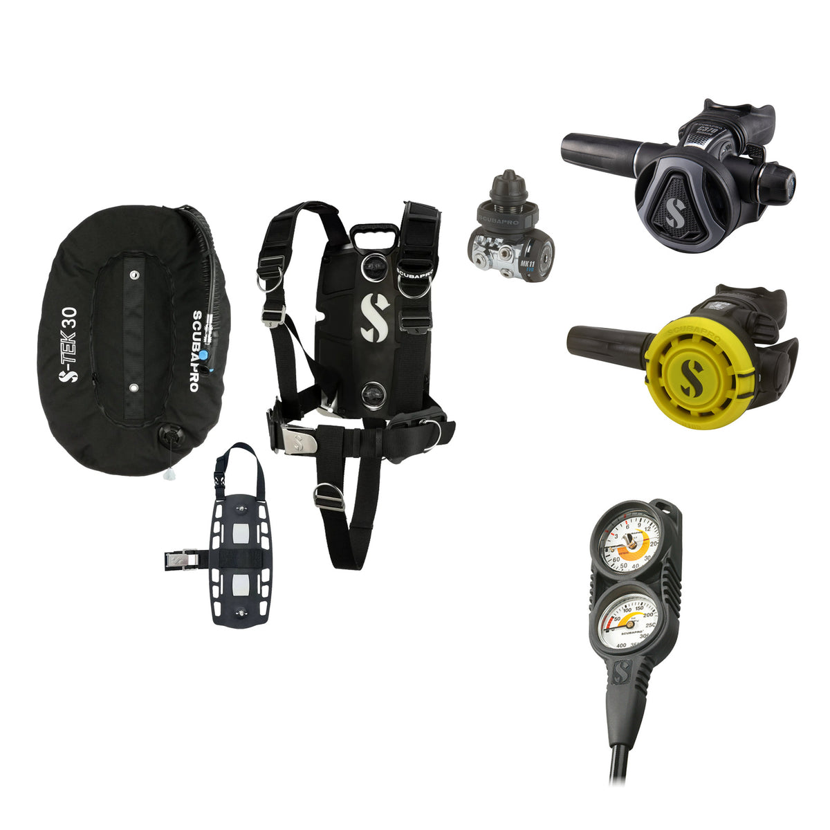SCUBAPRO MK11 EVO / C370 Colour Graphite regulator set with R105 octopus and S-TEK Pro BCD (aluminium), with Compact Combo 2