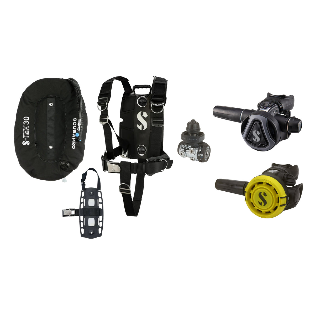 SCUBAPRO MK11 EVO / C370 Colour Graphite regulator set with R105 octopus and S-TEK Pro BCD (aluminium)