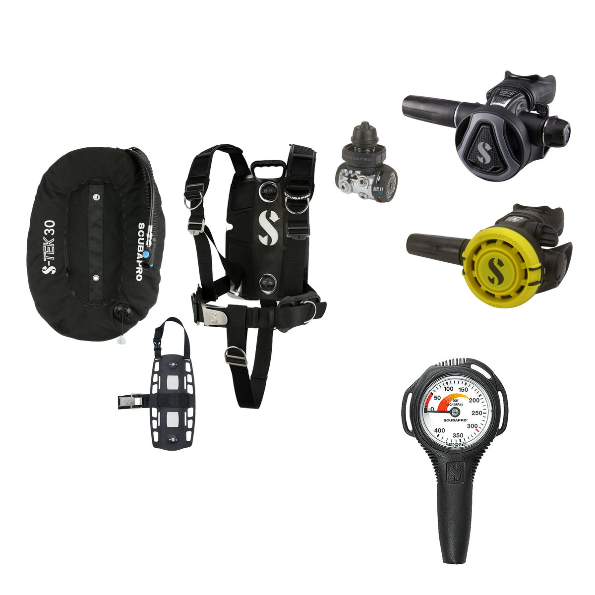 SCUBAPRO MK11 EVO / C370 Colour Graphite regulator set with R105 octopus and S-TEK Pro BCD (stainless steel), with Compact SPG