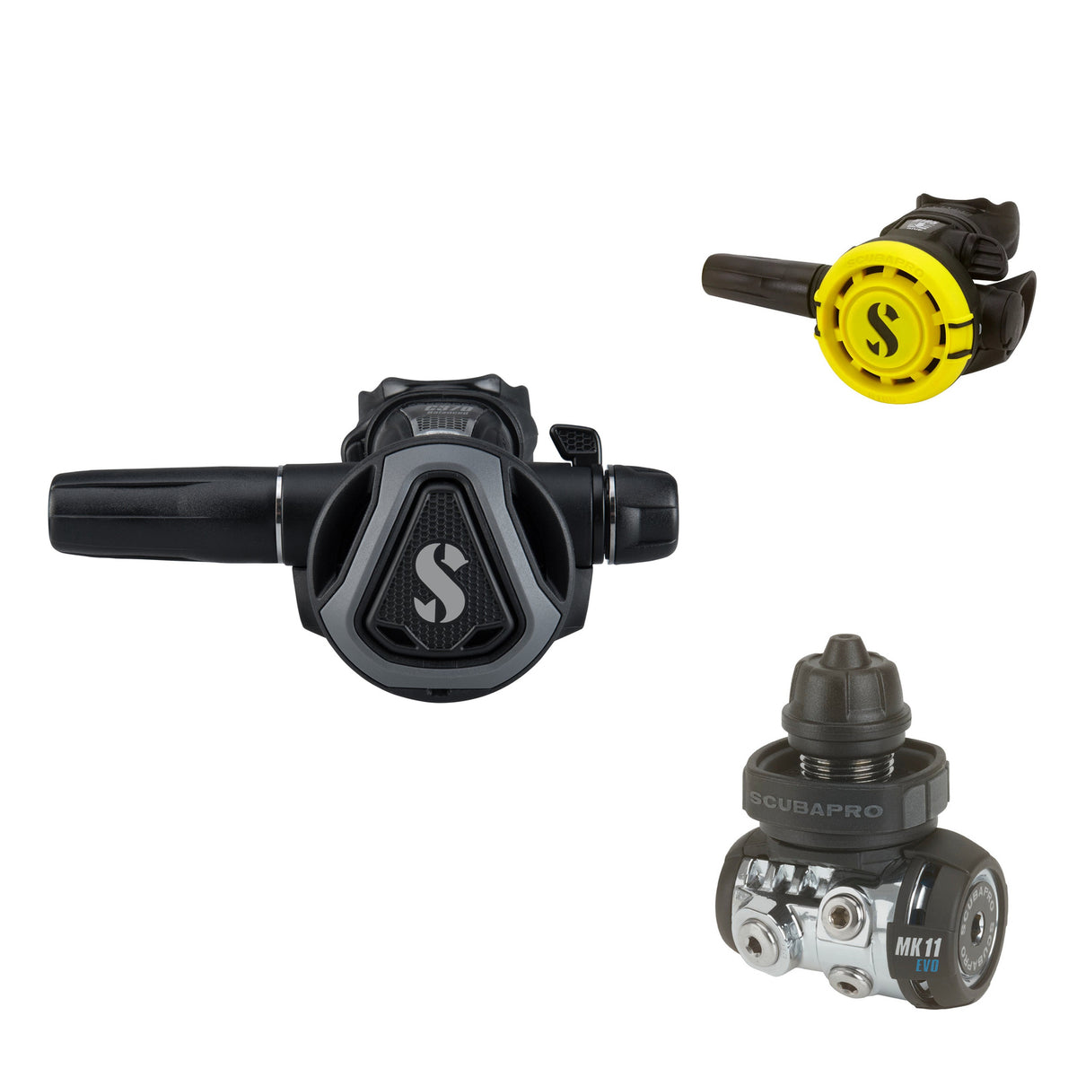SCUBAPRO C370 second stage with graphite frame, MK11 EVO first stage and yellow R105 octopus