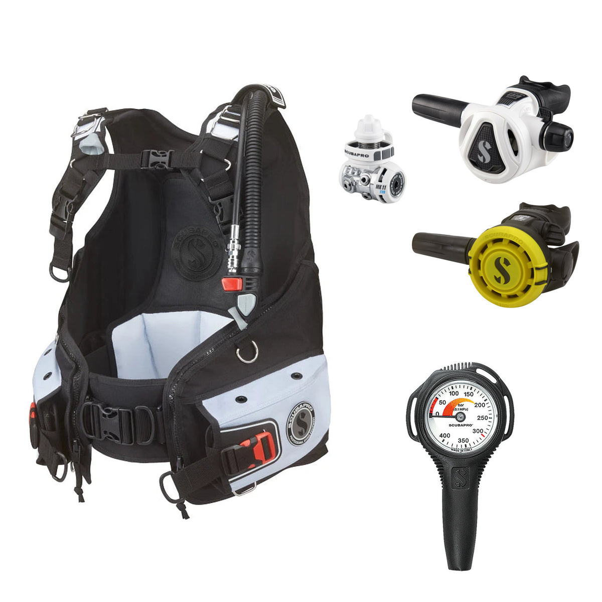 SCUBAPRO MK11 EVO / C370 Colour White regulator set with R105 octopus and Bella BCD