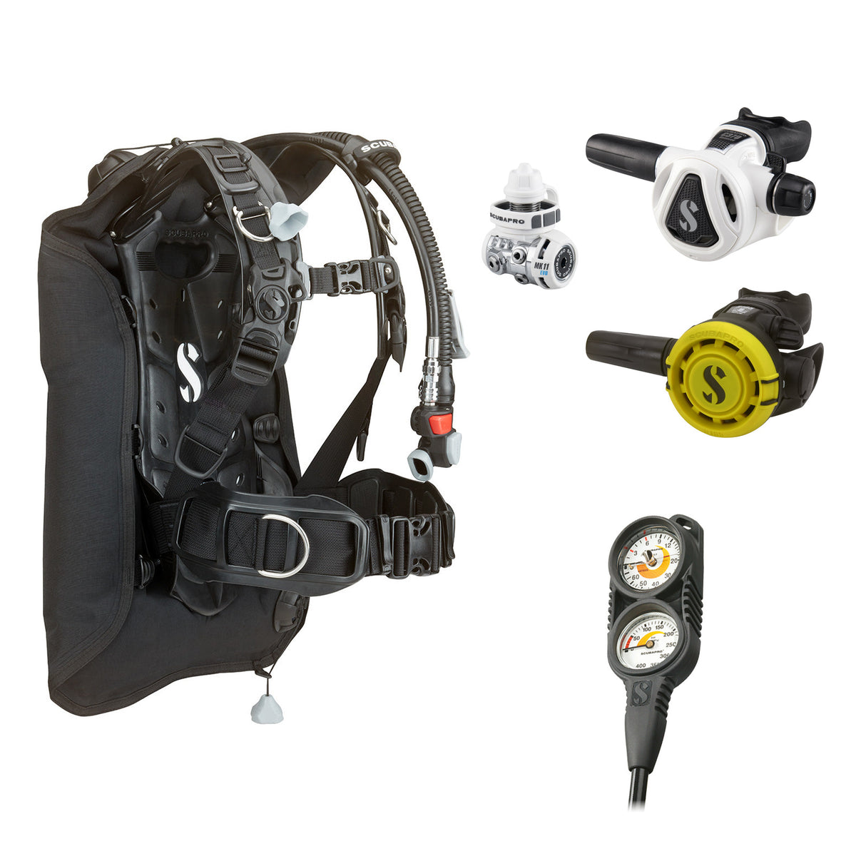 SCUBAPRO MK11 EVO / C370 Colour White regulator set with R105 octopus and Hydros Core BCD