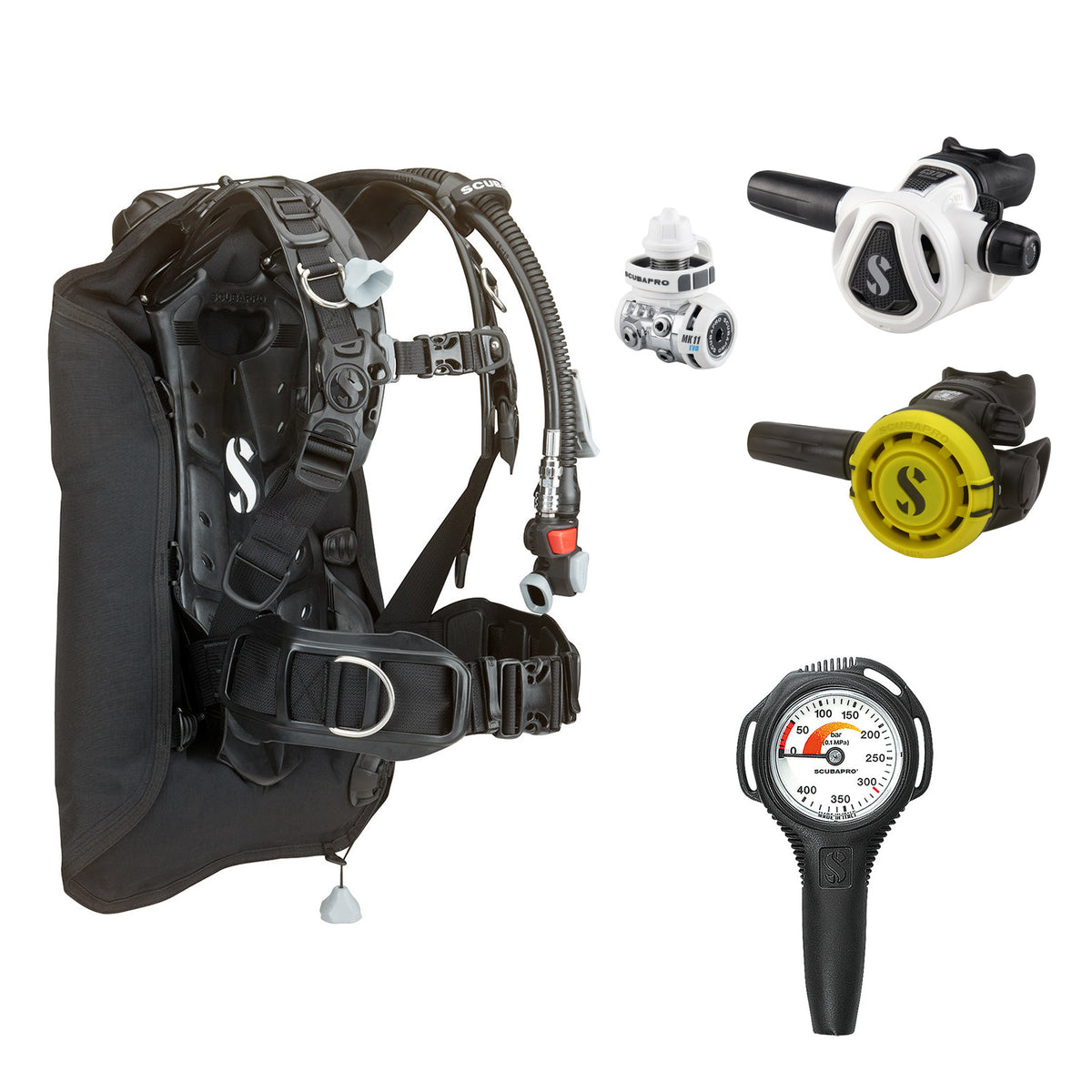 SCUBAPRO MK11 EVO / C370 Colour White regulator set with R105 octopus and Hydros Core BCD