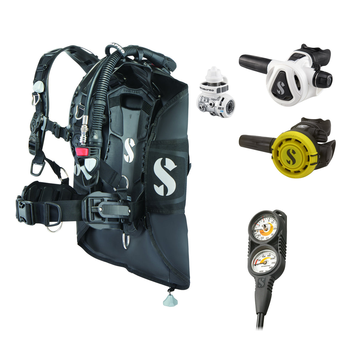 SCUBAPRO MK11 EVO / C370 Colour White regulator set with R105 octopus and Hydros Pro 2 BCD