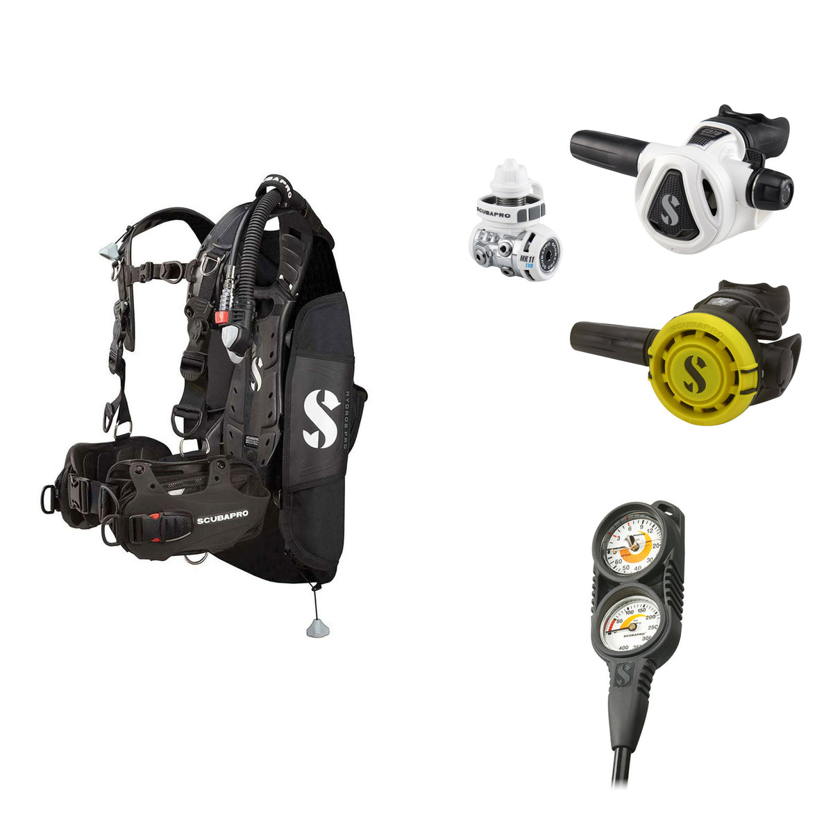 SCUBAPRO MK11 EVO / C370 Colour White regulator set with R105 octopus and Hydros Pro Ladies BCD in black