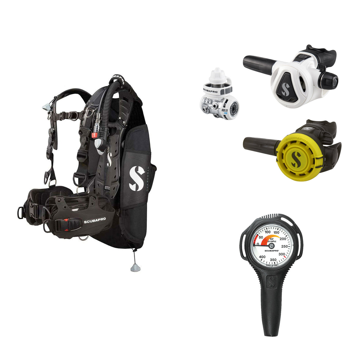 SCUBAPRO MK11 EVO / C370 Colour White regulator set with R105 octopus and Hydros Pro Ladies BCD in black