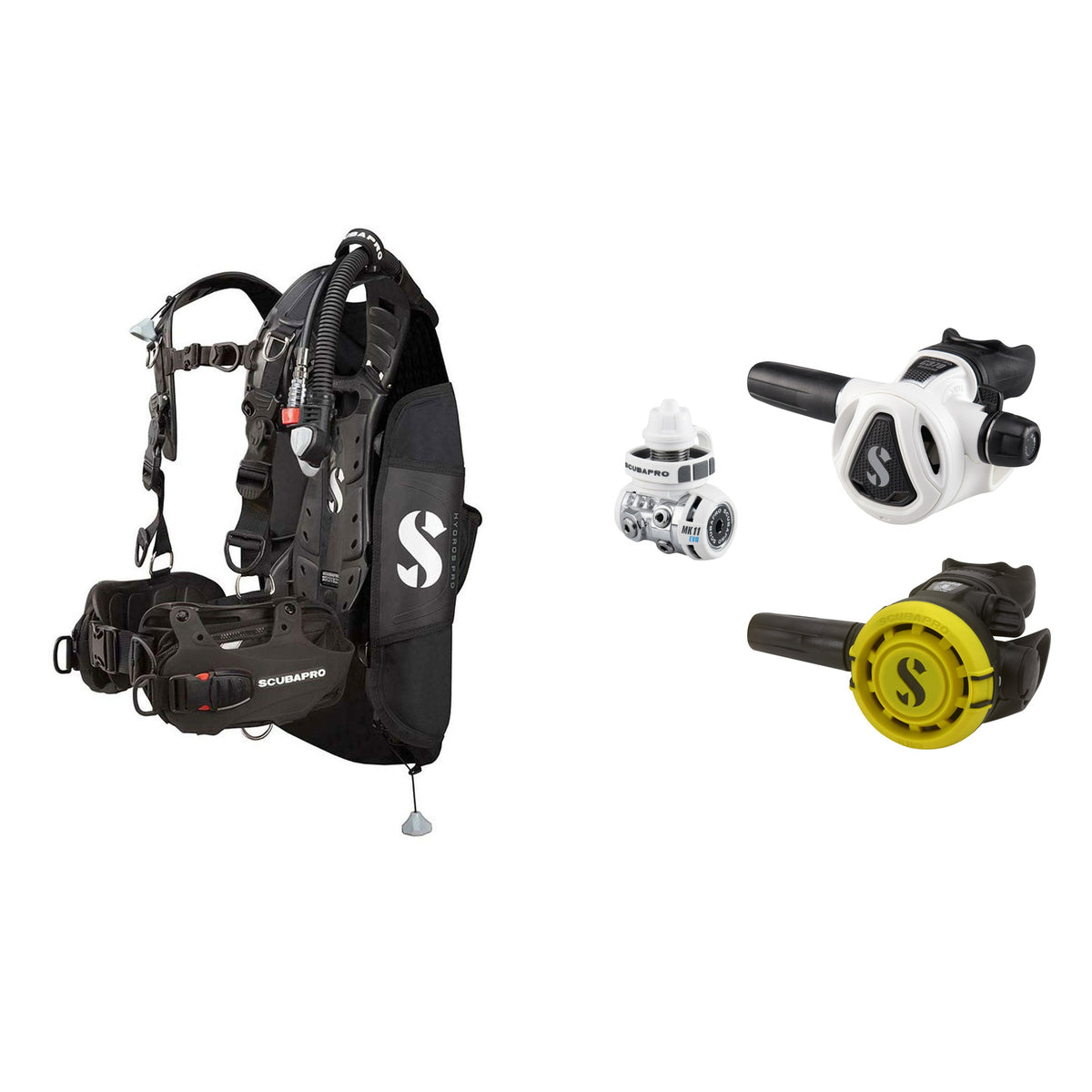 SCUBAPRO MK11 EVO / C370 Colour White regulator set with R105 octopus and Hydros Pro Ladies BCD in black