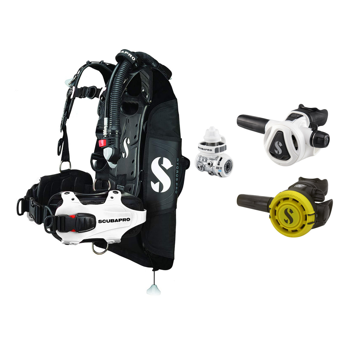 SCUBAPRO MK11 EVO / C370 Colour White regulator set with R105 octopus and Hydros Pro Ladies BCD in black