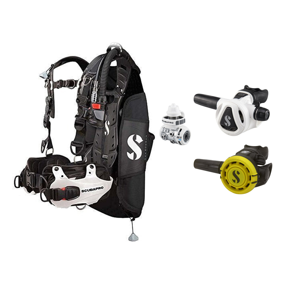 SCUBAPRO MK11 EVO / C370 Colour White regulator set with R105 octopus and Hydros Pro Mens BCD in yellow