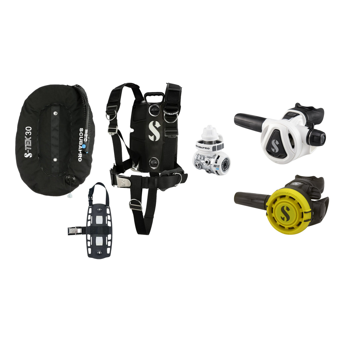 SCUBAPRO MK11 EVO / C370 Colour White regulator set with R105 octopus and S-TEK Pro BCD (stainless steel)