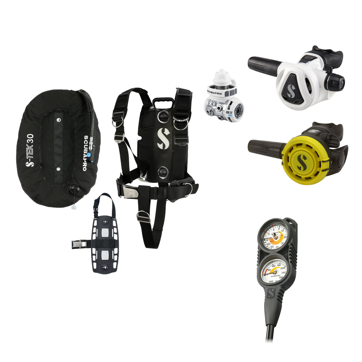 SCUBAPRO MK11 EVO / C370 Colour White regulator set with R105 octopus and S-TEK Pro BCD (stainless steel)