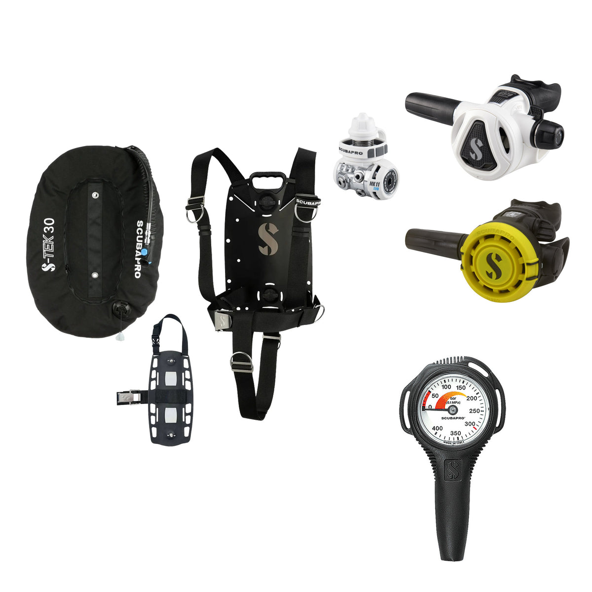 SCUBAPRO MK11 EVO / C370 Colour White regulator set with R105 octopus and S-TEK Pure BCD (aluminium), with Compact SPG