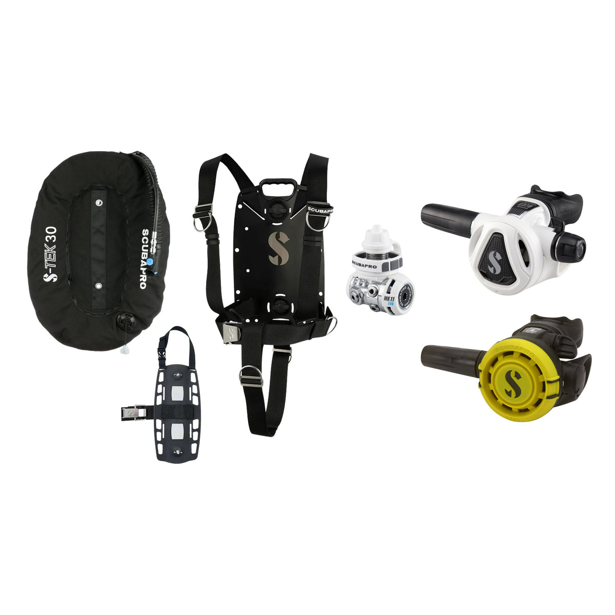 SCUBAPRO MK11 EVO / C370 Colour White regulator set with R105 octopus and S-TEK Pure BCD (stainless steel)