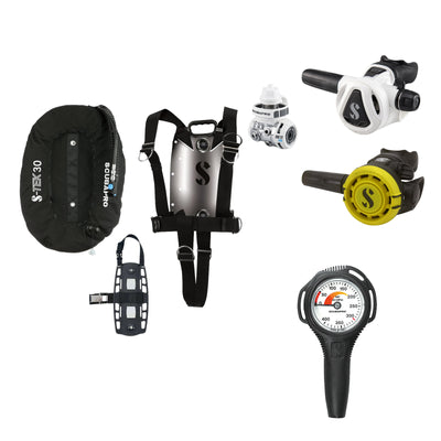 SCUBAPRO MK11 EVO / C370 Colour White regulator set with R105 octopus and S-TEK Pure BCD (stainless steel), with Compact SPG
