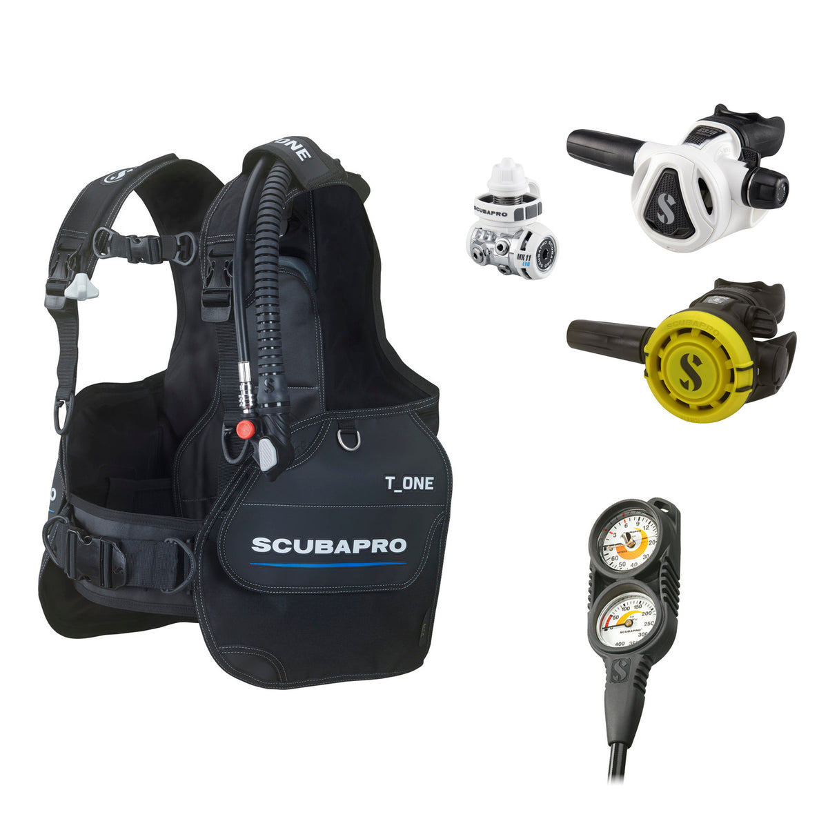 SCUBAPRO MK11 EVO / C370 Colour White regulator set with R105 octopus and T-One BCD