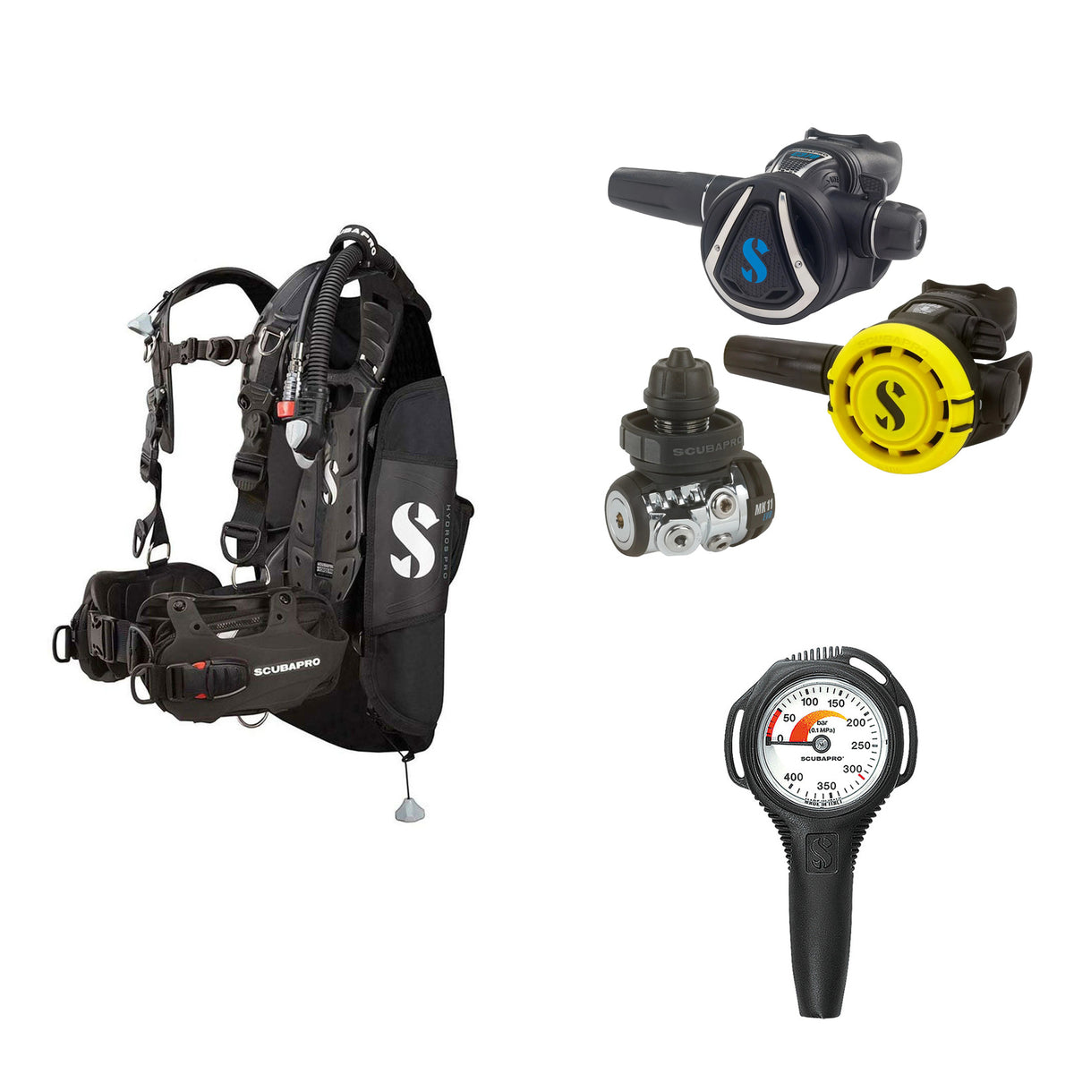 SCUBAPRO MK11 EVO / C370 regulator set with R105 octopus and Hydros Pro Ladies BCD in black, with Compact SPG
