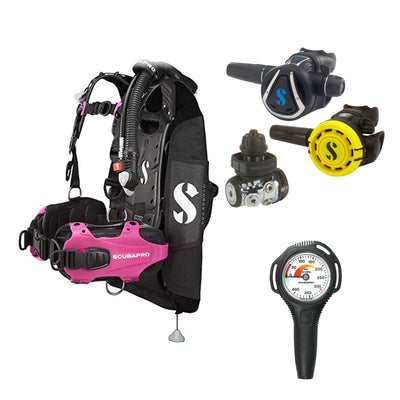 SCUBAPRO MK11 EVO / C370 regulator set with R105 octopus and Hydros Pro Ladies BCD in pink, with Compact SPG