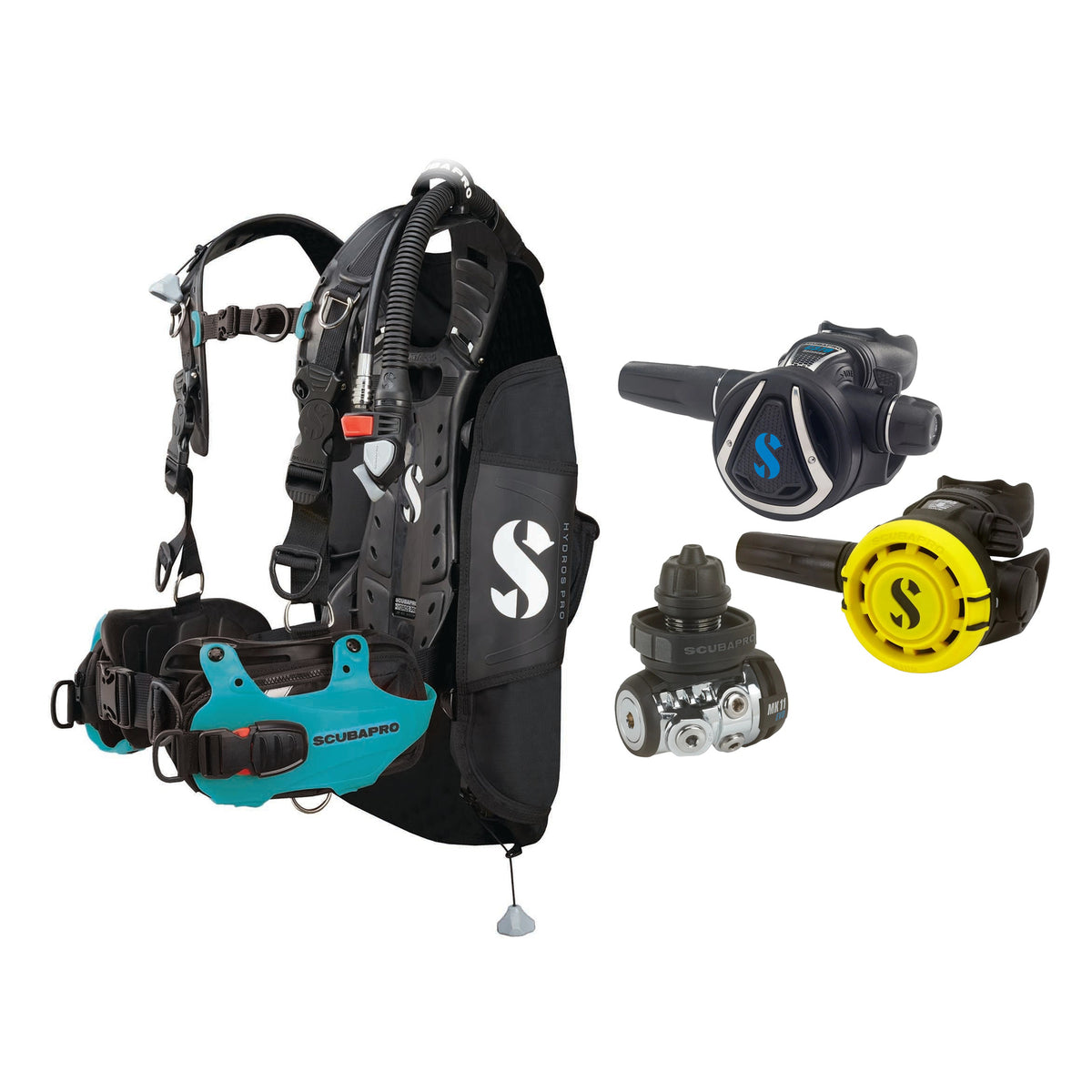 SCUBAPRO MK11 EVO / C370 regulator set with R105 octopus and Hydros Pro Ladies BCD in turquoise