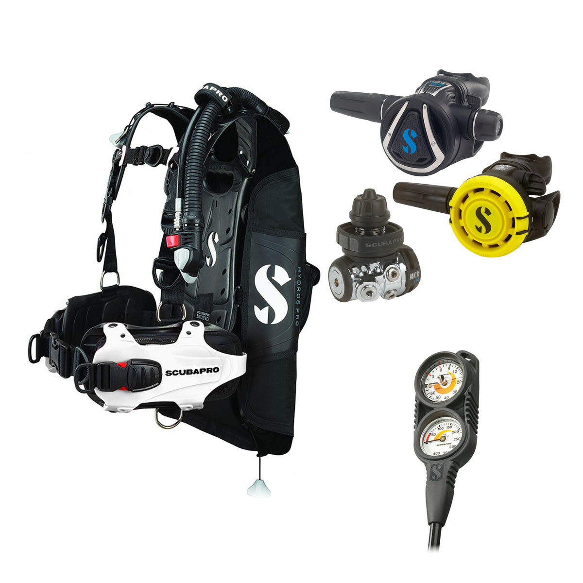 SCUBAPRO MK11 EVO / C370 regulator set with R105 octopus and Hydros Pro Ladies BCD in white, with Compact Combo 2