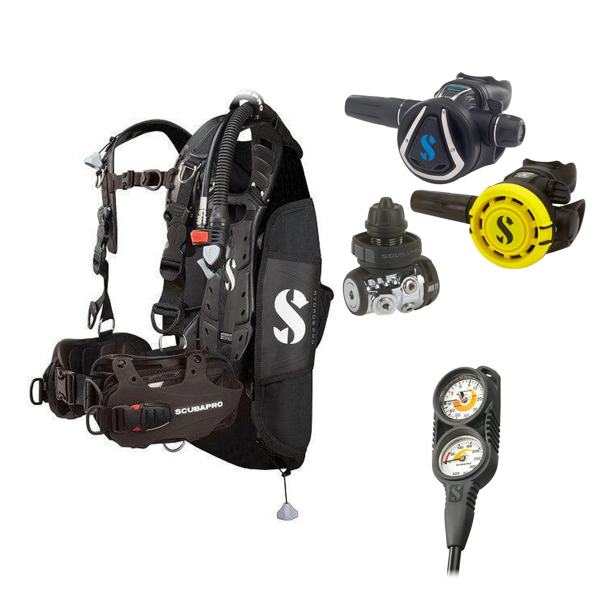 SCUBAPRO MK11 EVO / C370 regulator set with R105 octopus and Hydros Pro Mens BCD in all black, with Compact Combo 2