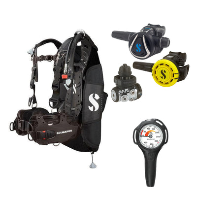 SCUBAPRO MK11 EVO / C370 regulator set with R105 octopus and Hydros Pro Mens BCD in all black, with Compact SPG