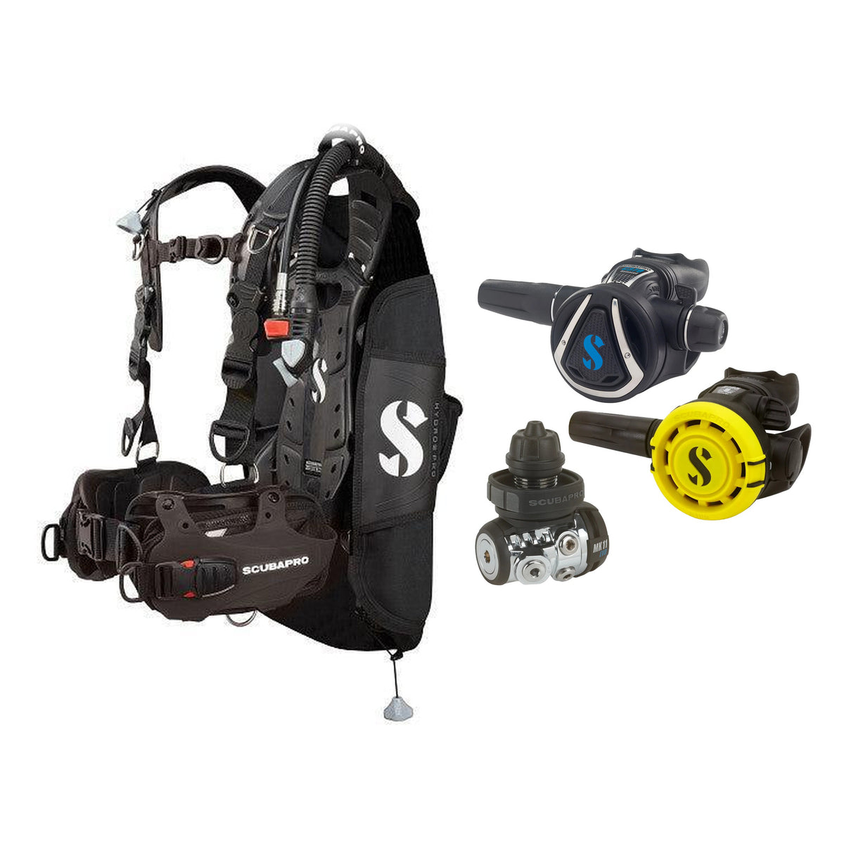 SCUBAPRO MK11 EVO / C370 regulator set with R105 octopus and Hydros Pro Mens BCD in all black