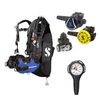 SCUBAPRO MK11 EVO / C370 regulator set with R105 octopus and Hydros Pro Mens BCD in blue, with Compact SPG
