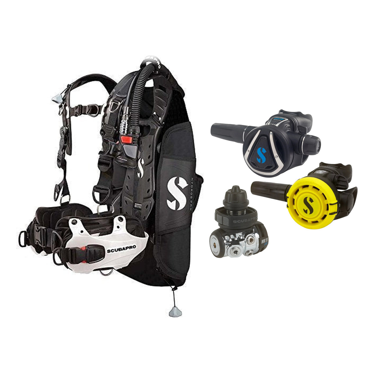 SCUBAPRO MK11 EVO / C370 regulator set with R105 octopus and Hydros Pro Mens BCD in white
