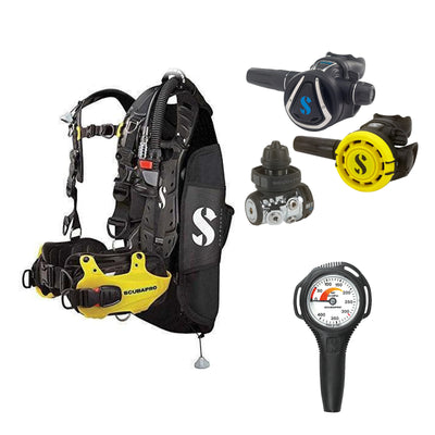 SCUBAPRO MK11 EVO / C370 regulator set with R105 octopus and Hydros Pro Mens BCD in yellow, with Compact SPG