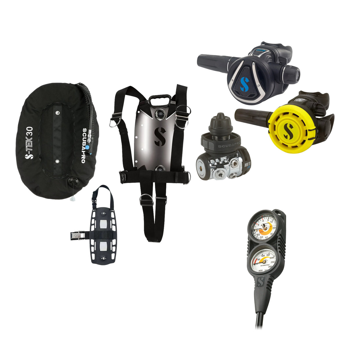 SCUBAPRO MK11 EVO / C370 regulator set with R105 octopus and S-TEK Pure BCD (stainless steel)