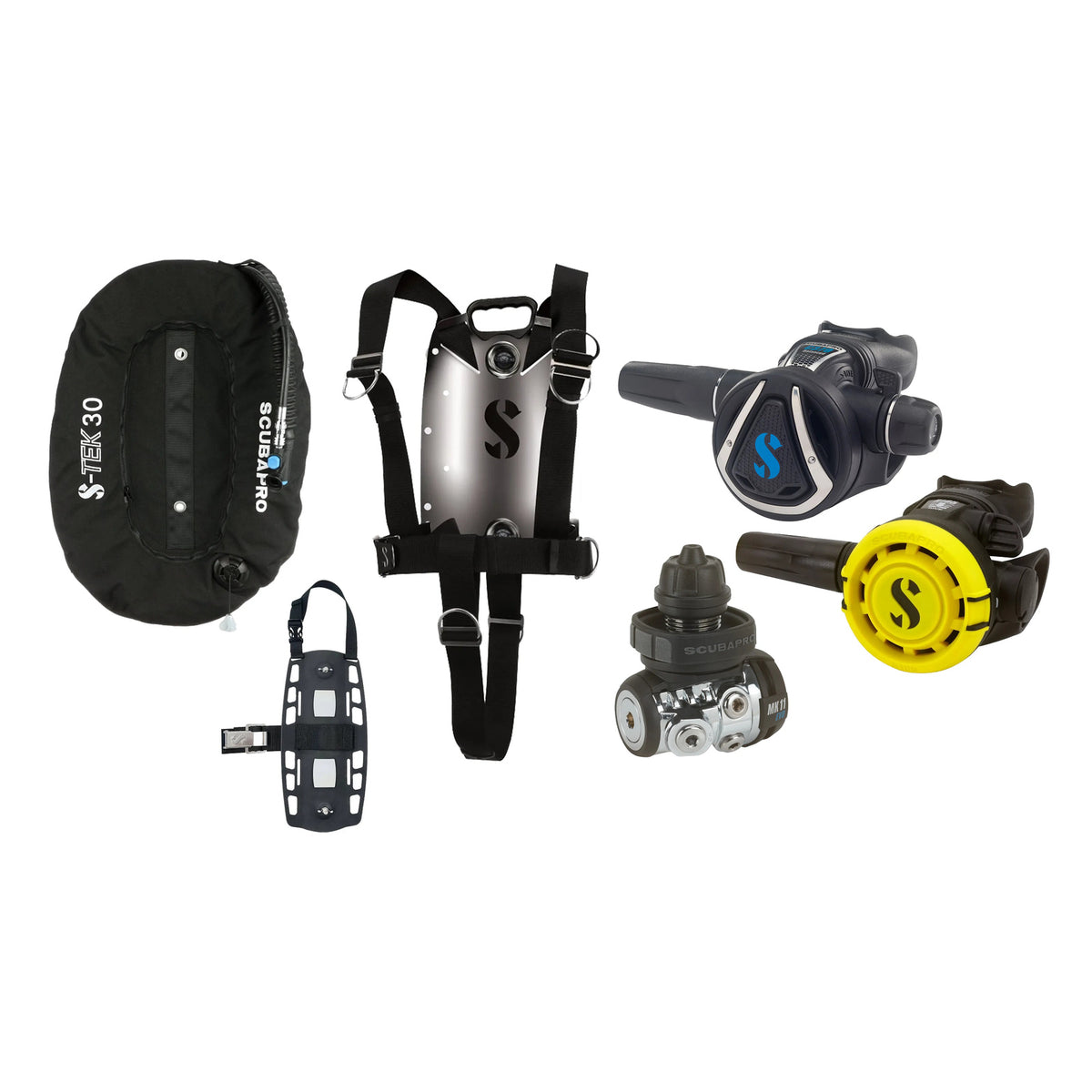 SCUBAPRO MK11 EVO / C370 regulator set with R105 octopus and S-TEK Pure BCD (stainless steel)
