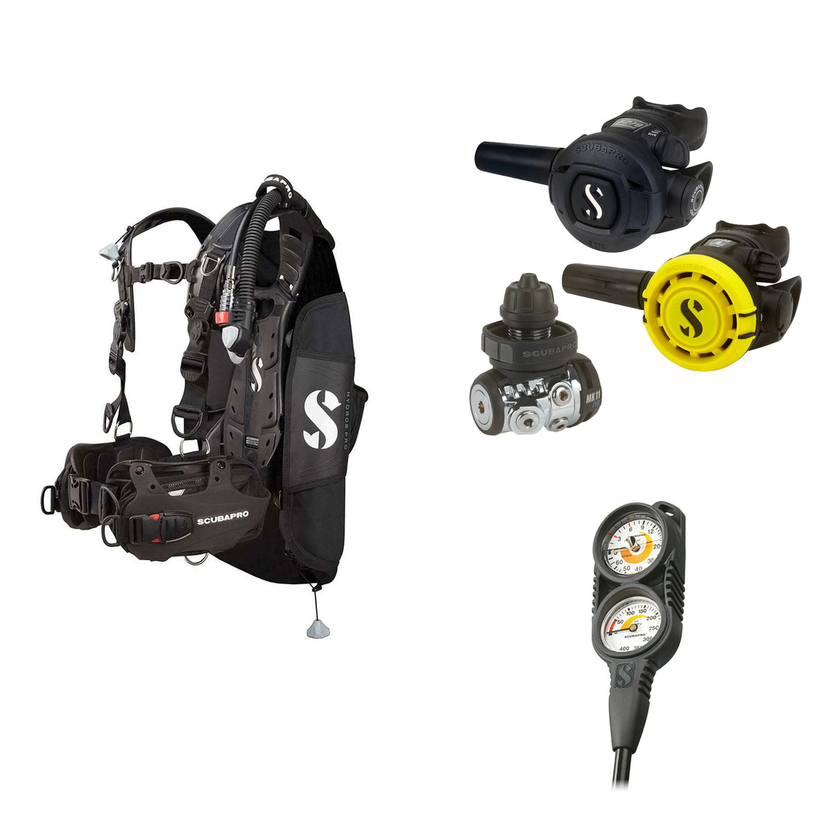 SCUBAPRO MK11 EVO / S270 regulator set with R105 octopus and Hydros Pro Ladies BCD in black, with Compact Combo 2