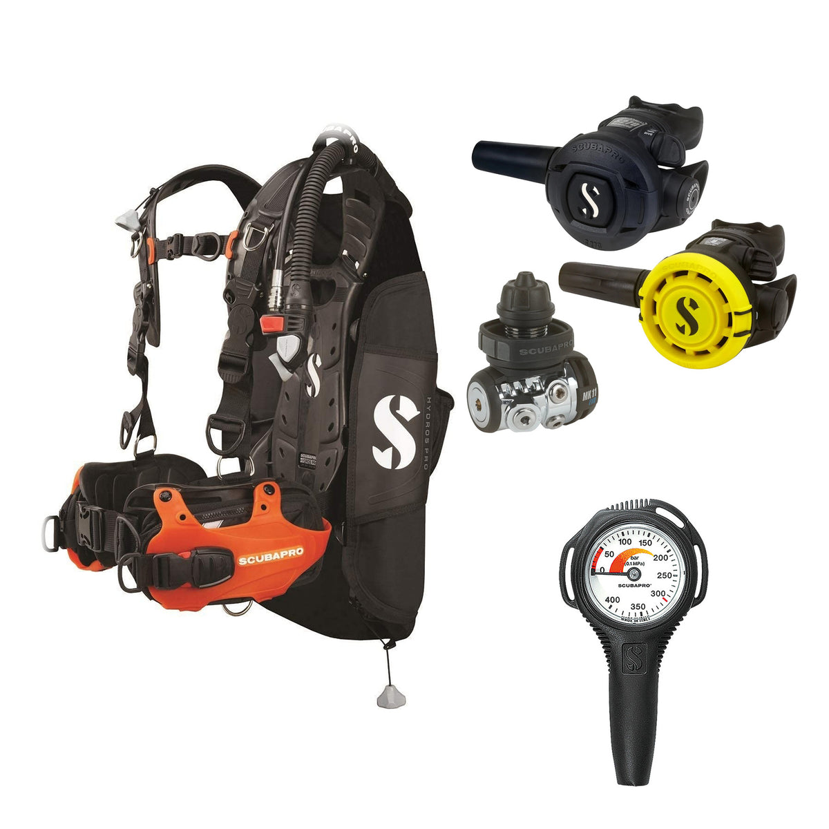 SCUBAPRO MK11 EVO / S270 regulator set with R105 octopus and Hydros Pro Ladies BCD in orange, with Compact SPG