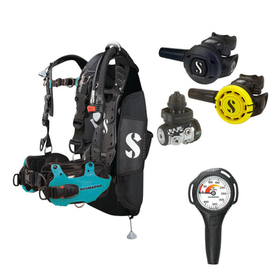 SCUBAPRO MK11 EVO / S270 regulator set with R105 octopus and Hydros Pro Ladies BCD in turquoise, with Compact SPG
